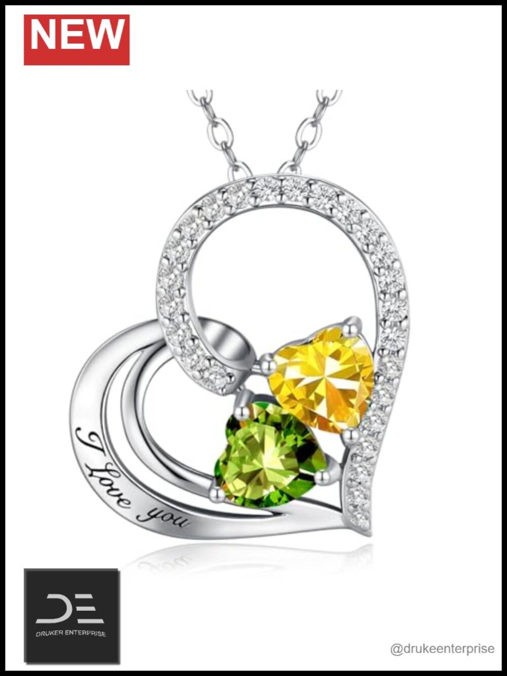 Sterling Silver Heart Birthstone Necklace 2 Stones Adjustable Chain